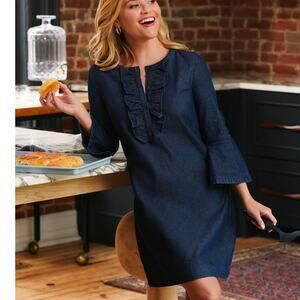 NEW Draper James Dark Wash Chambray Ruffle 100% Cotton Shift Mini Dress Size 6